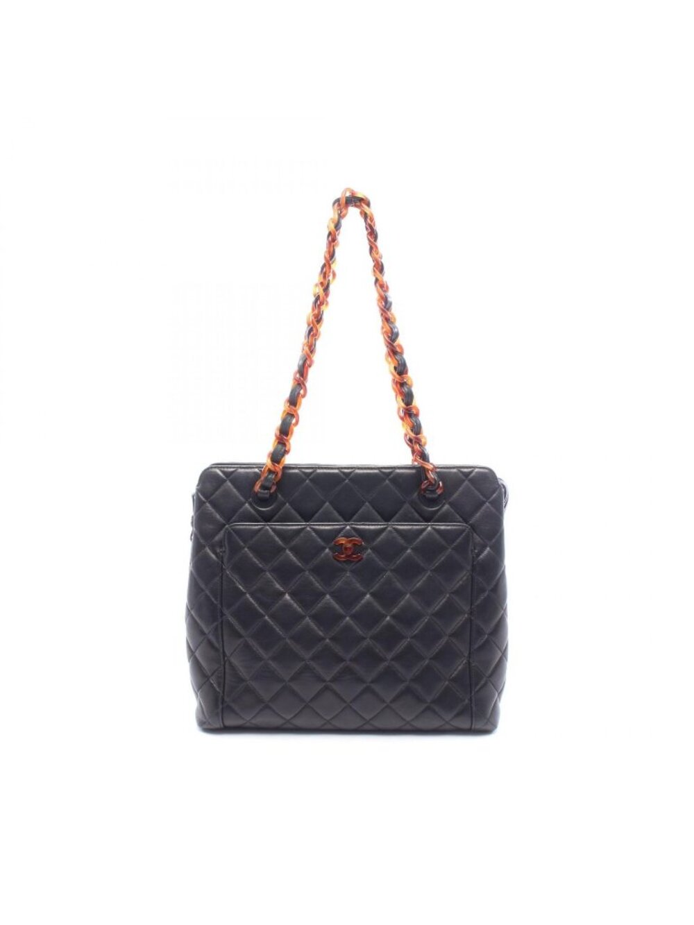 Chanel Tote Bag Quilted Plastic Black Tortoiseshell Lambskin Chain
